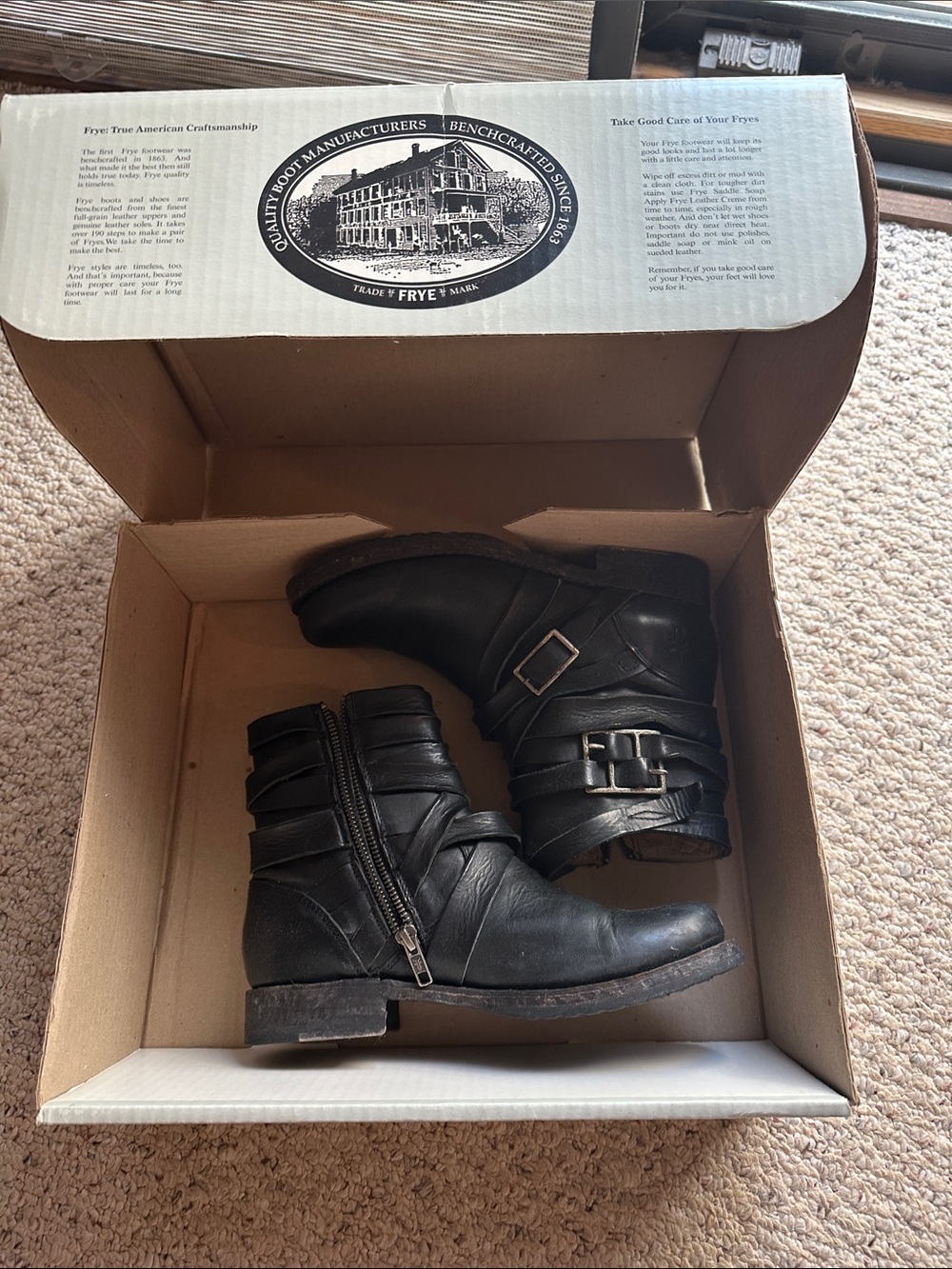 Frye Black Leather Buckle Strap Ankle Boots